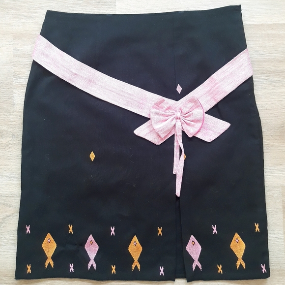 Handmade Black Midi Skirt + Pink Bow / Size XL 34" Embroidered Fish Skirt - Picture 15 of 15